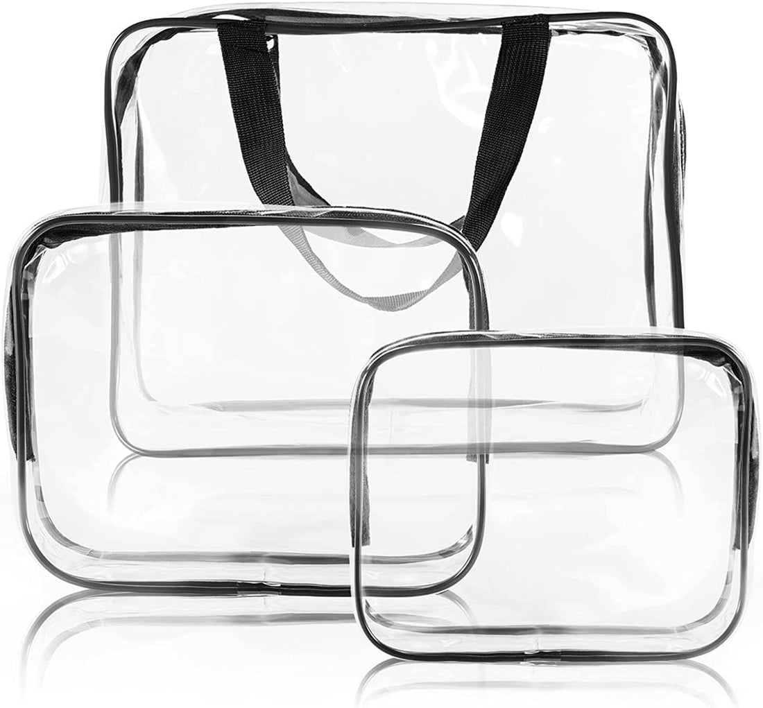 KASTWAVE Cosmetic Bag 3 Pack Clear Travel Toiletry Bag Set with Zipper Make-up Pouch Handle Straps | Waterproof Packing Organizer Storage Diaper Pencil Bags Black