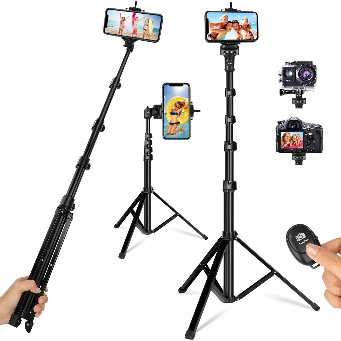 62" Phone Tripod - All in One Extendable Selfie Stick Tripod with Wireless Remote, Camera & Cell Phone Tripod Stand Compatible with iPhone Android Samsung Phones DSLR Action Camera