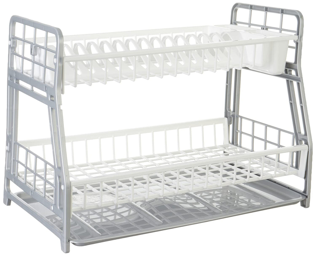 Max Plast Plastic Dish Rack with Drying Tray - White Grey