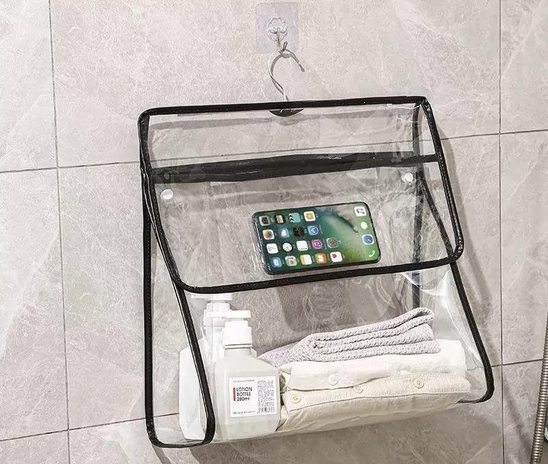 Modern Clear Bathroom Wall Organizer for Phone Storage and Accessories Waterproof Hanging Storage Box No Drill Space Saving Solution for Shower Daily Use Easy Mount Compact Design