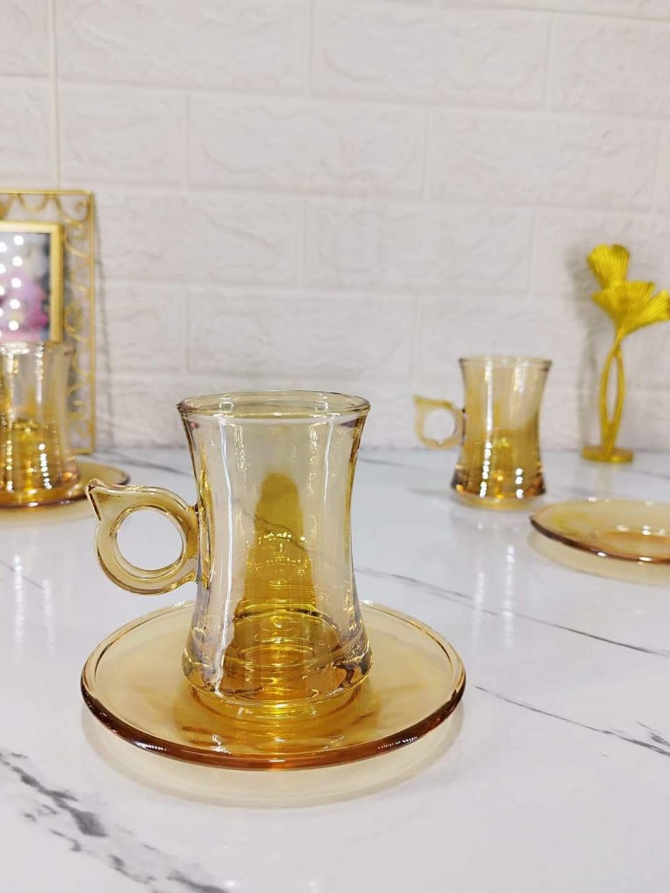 Generic Glass Turkish Tea Set, 6 Cups with Handles and Saucers, Amber Honey Colour, 12-Piece .g