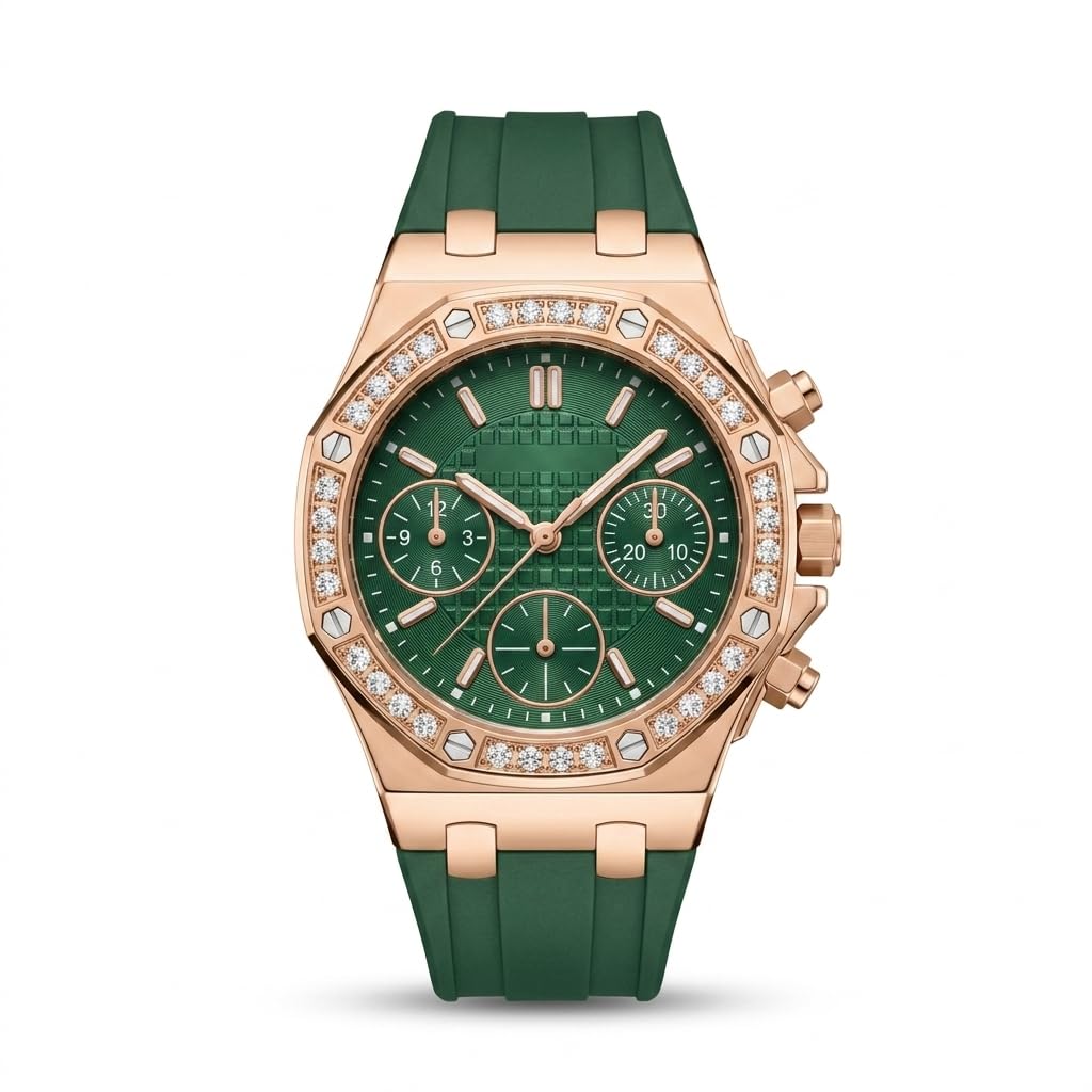 Luxury Women's Chronograph Watch, Rose Gold Case, Crystal Accented Bezel, Silicone Strap, Geometric Dial