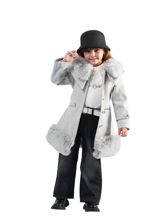 Girls’ 3-Piece Winter Outfit – Faux Fur Coat, Elegant Top & Jeans Set