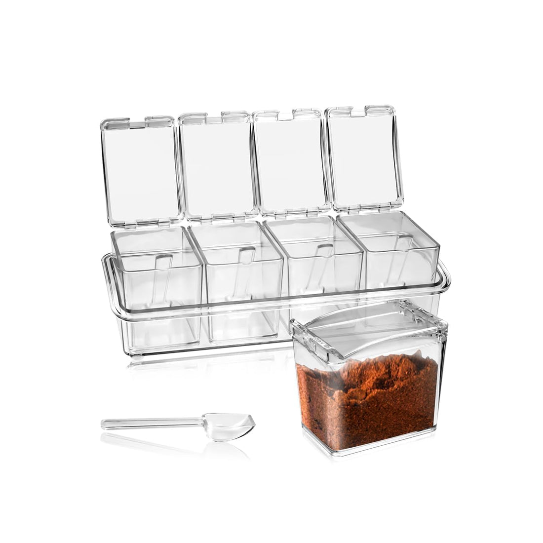 4-Cell Clear Seasoning Rack Spice Box, Storage Container Condiment Jars Acrylic Seasoning Box with Cover and Spoon (Basic Clear)