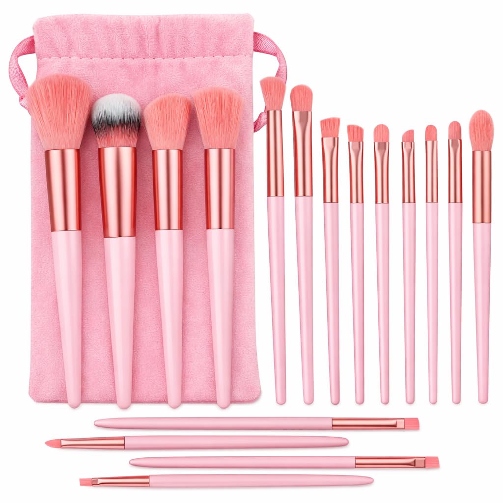 13 Pieces Makeup Fix Brush Set with Plush Bag, Soft Synthetic Bristles Foundation Powder Blush Eyeshadow Brushes, Professional Face & Eye Makeup Tools Kit (Pink)