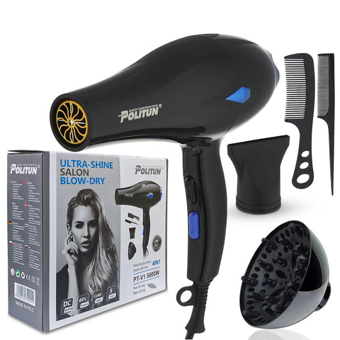 Hair Dryer 5000W Professional Blow Dryer, Fast Drying Salon Smooth Hair Dryer with 3 Heat Settings 2 Speeds Detachable Concentrator Overheat Protection, PT-V1