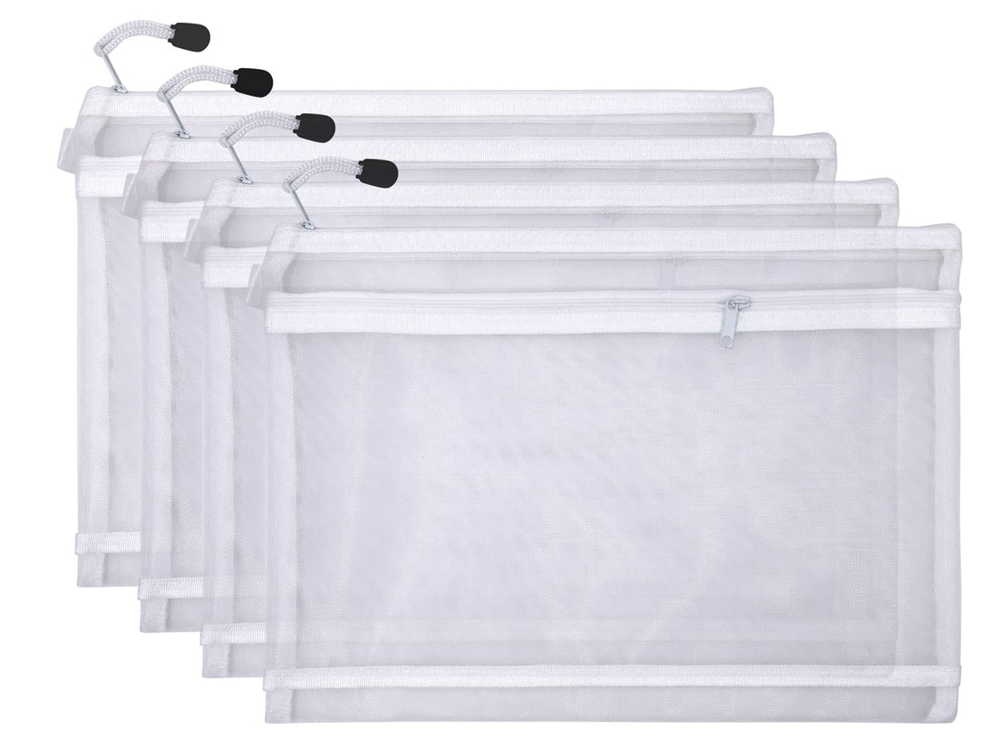 scicent 4 Pcs Mesh Zipper Pouch File Folders Clear Nylon Document Zip Lock Storage Bags Cosmetic Makeup Bag Organizer for School Office Household Stationery Travel Supplies, A4, White