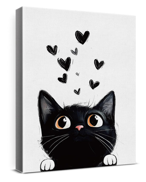 Cute Black Cat Framed Canvas Wall Art Poster Print Black Kitten Picture Painting Ready to Hang for Home Apartment Living Room Wall Decor 11x15 Inch, Gift for Cat Lovers