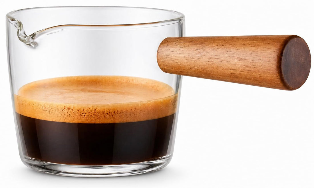 OVA Espresso Coffee Cups Set 50ml – High Borosilicate Glass Mini Cups with Wooden Handle, Transparent Heat-Resistant Espresso Shot Cups for Coffee, Milk, Sauce & Dessert (1)