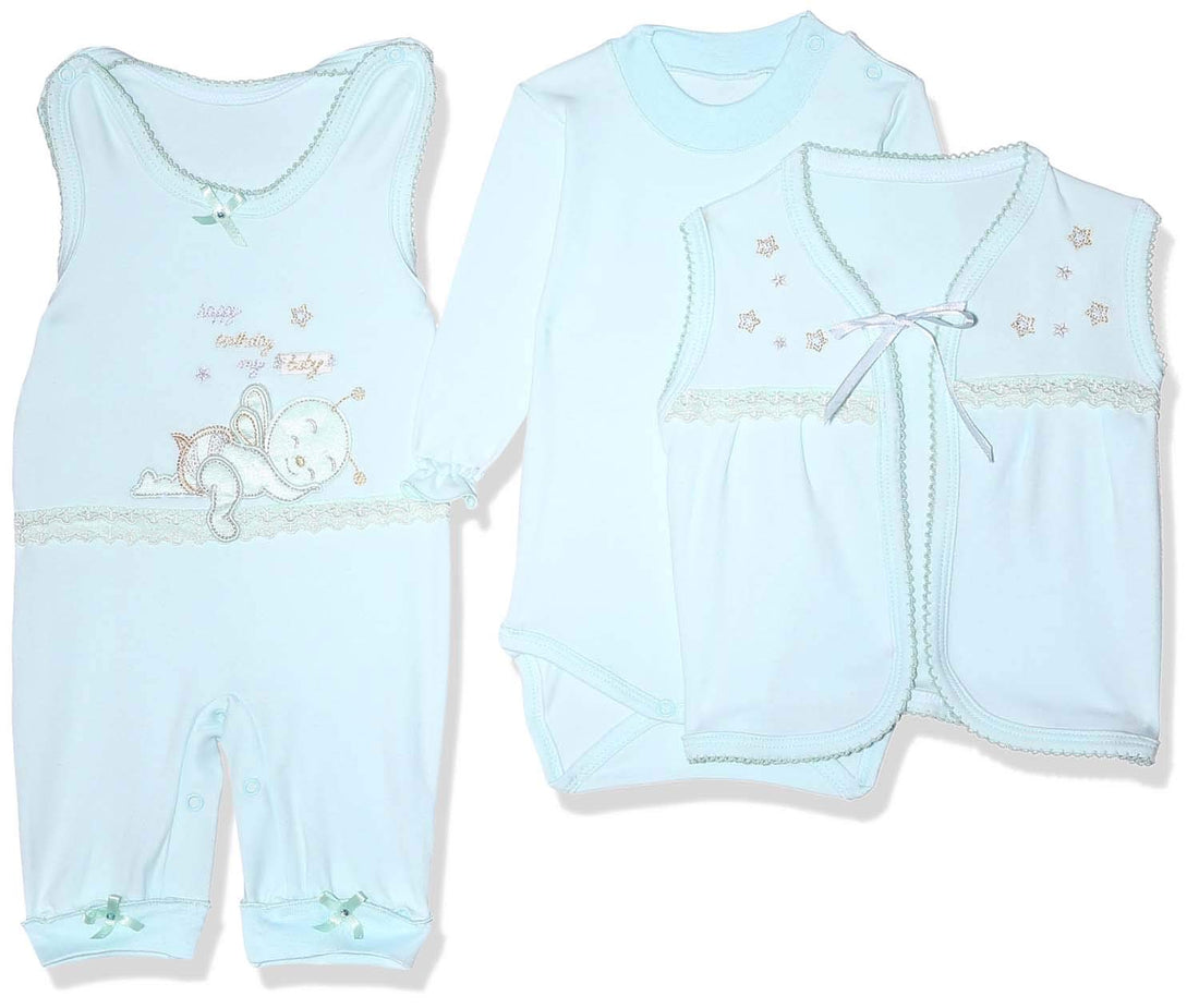 Cotton Stitched Bee Body Suit with Open Front Vest Clothing Set for Girls - Light Blue, 3 Pieces, 0 - 6 Months