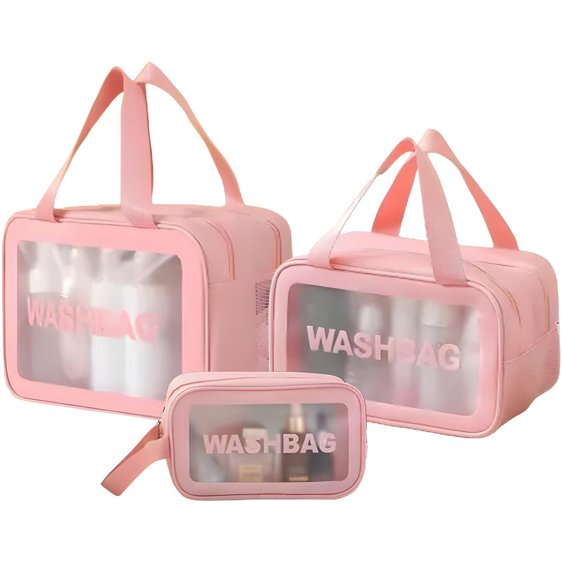 TUMYES 3-Pack Translucent Waterproof Travel Toiletry Bags, Dry & Wet Separation, Pink, Cosmetic Case, Travel/On-the-go Makeup Storage, Bathroom Vanity Organization
