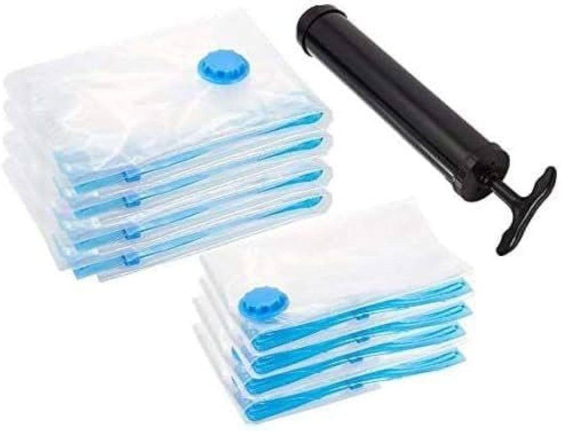 Set of 5 Vacuum Compression Storage Bags with Hand Pump, Compressed Clothes Storage Bag, Organizer for Blankets, Clothes, Bedding, Plastic, Clear Plan A