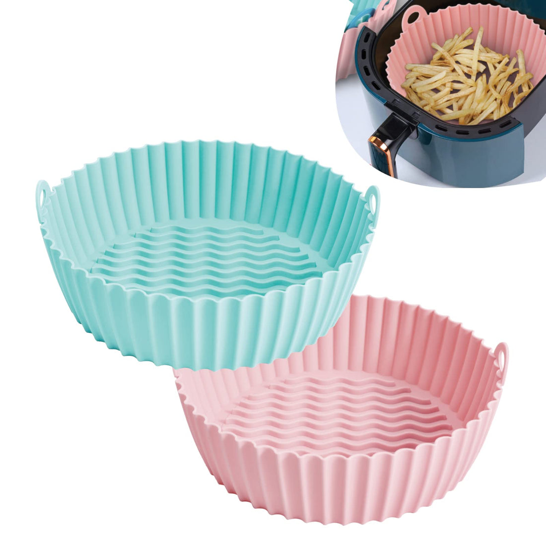 Air Fryer Silicone Pot,2-Pack Silicone Air Fryer Liner 7.5inch Reusable Air Fryers Silicone Liner Round for 3 to 5qt,Food Safe Air fryer Oven Accessories (green,pink)