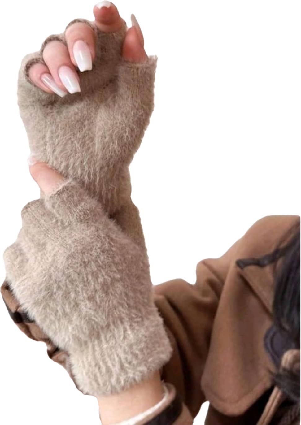Knitted Fingerless Gloves with Fur Trim, Winter Arm Warmers, Black Acrylic, Casual Style