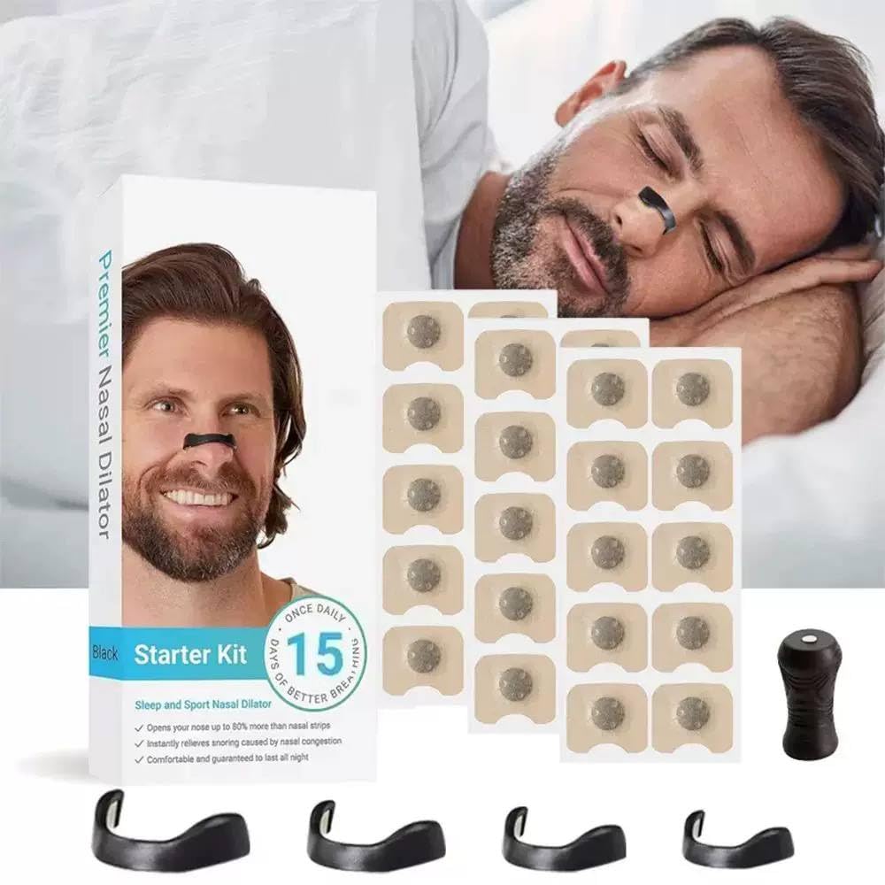 Nasal Dilator Starter Kit, Magnetic Nose Dilator for Sleep and Sport, Anti-Snoring Solution, 15 Strips with 4 Clips, Black