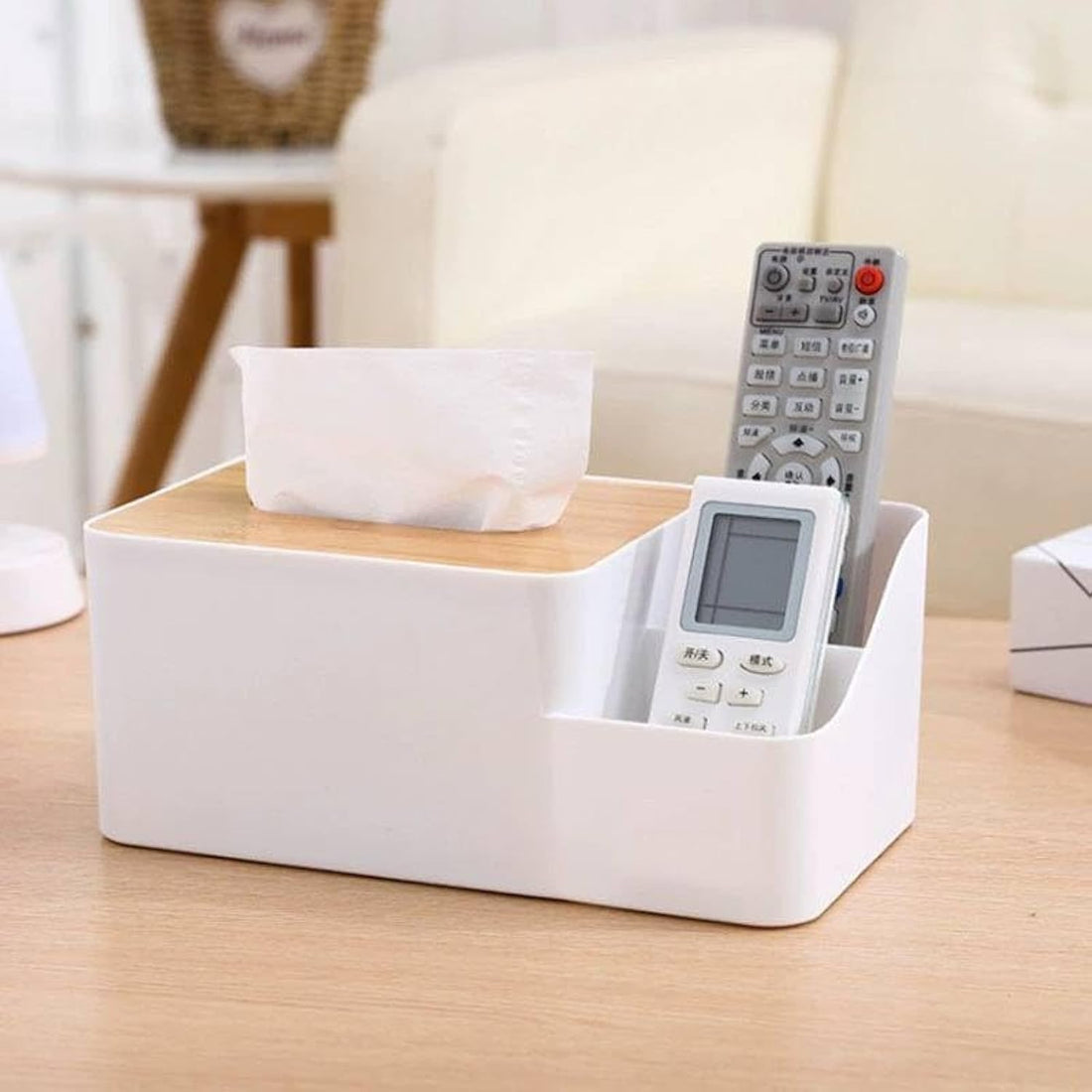 Dollar for Improt Tissue Box Holder, Multipurpose Organizer for Tissue Cover with Three Compartments, Pens, Remote Control and Cell Phone
