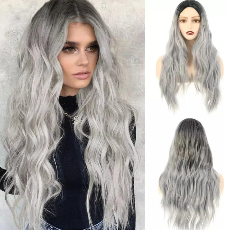 LONG Body Wave CUERLY Wig Shoulder Length Synthetic Wig with Bangs 150% Density Ocean Heat Resistant Synthetic Fiber WAVEY Hair22 INCH -65cm to 70 cm-JW30-1 -GREY SILVER BLACK ROOTS