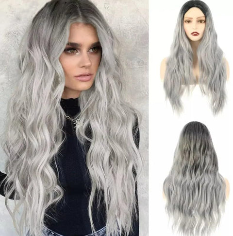 LONG Body Wave CUERLY Wig Shoulder Length Synthetic Wig with Bangs 150% Density Ocean Heat Resistant Synthetic Fiber WAVEY Hair22 INCH -65cm to 70 cm-JW30-1 -GREY SILVER BLACK ROOTS