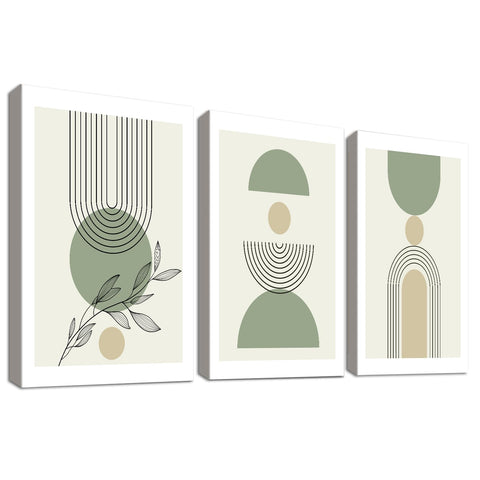3 Pcs Wooden Framed Canvas Wall Art Set Boho Sage Green Painting on Canvas Prints Poster Abstract Beige Green Leaves Pictures for Living Room Bedroom Hallway Wall Decor Geometric Artwork 30x40 cm x3