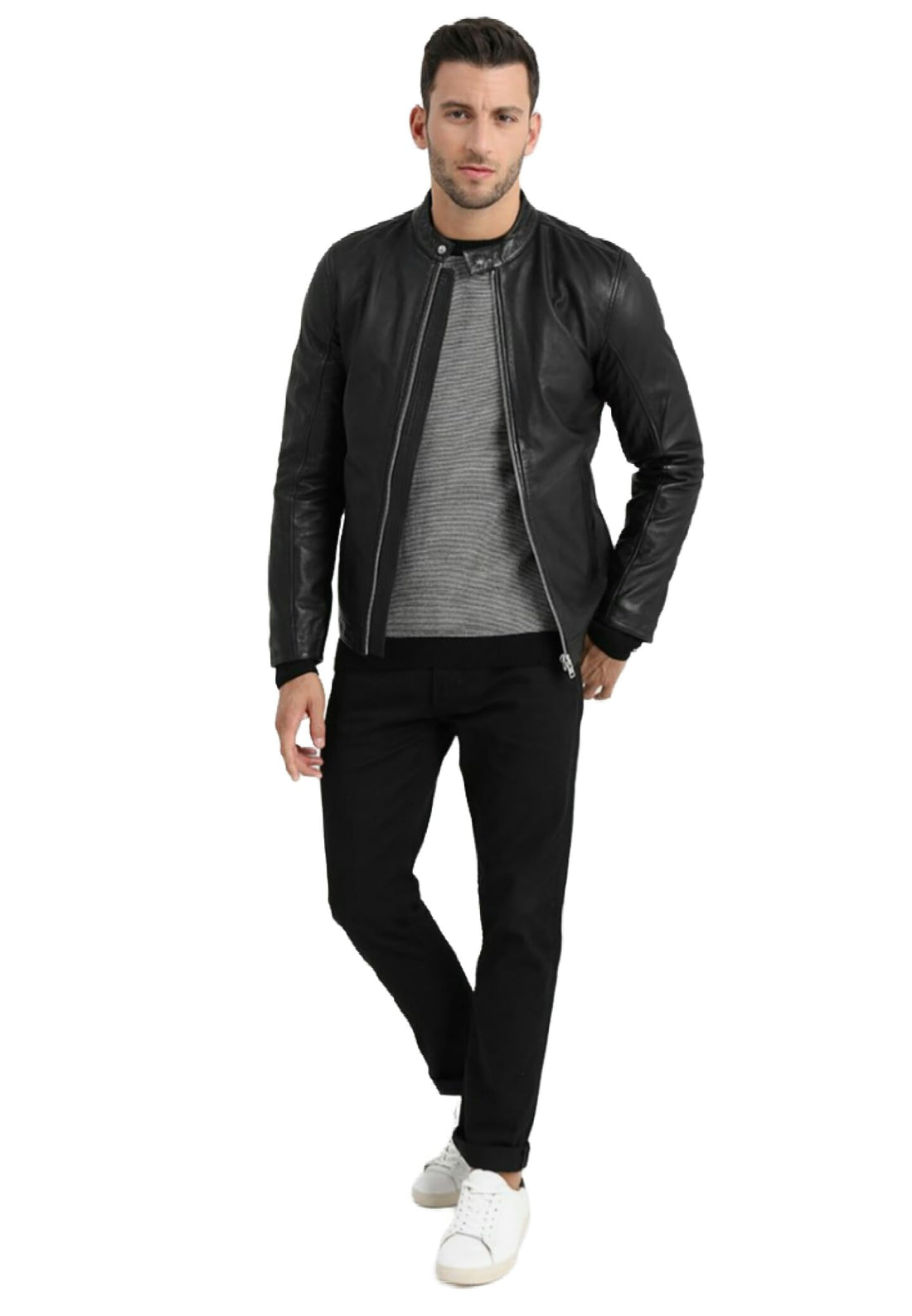 Leather (C23) Motorcycle Jacket Men - Black Real Leather Jacket for Men in Sizes from M to 4XL - Lambskin Leather Jacket