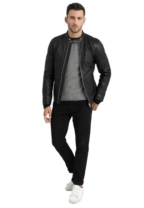 Leather (C23) Motorcycle Jacket Men - Black Real Leather Jacket for Men in Sizes from M to 4XL - Lambskin Leather Jacket