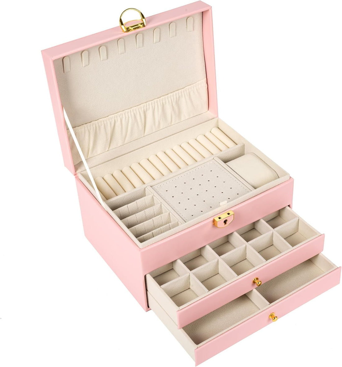 Jewelry Box for Women 3 Layer Leather Jewelry Organizer Case with Drawers Lock and Ring Earring Necklace Bracelet Storage Box pink (Pink)