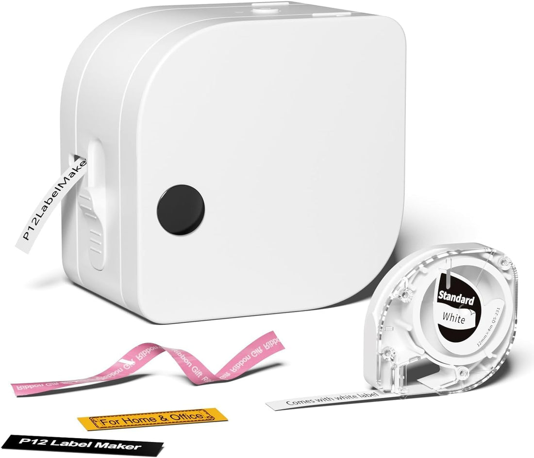 Phomemo P12 Label Makers - Bluetooth Inkless Label Printer Maker with Tape For Office Home School Organization, Small Label Maker Mini Labeler with Multiple Template Icon for Smartphone (White)