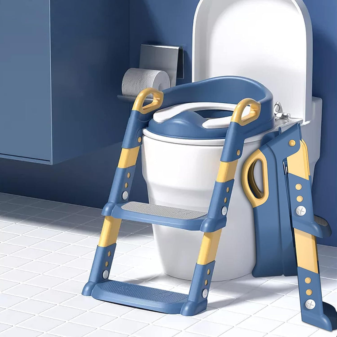 Fantastic-Kids-Toys Adjustable Toilet Ladder Toilet Pedestal with Handle, Soft Cushion Design, Non-Slip Foldable Easy Assembly, with Splash Guard (Blue)