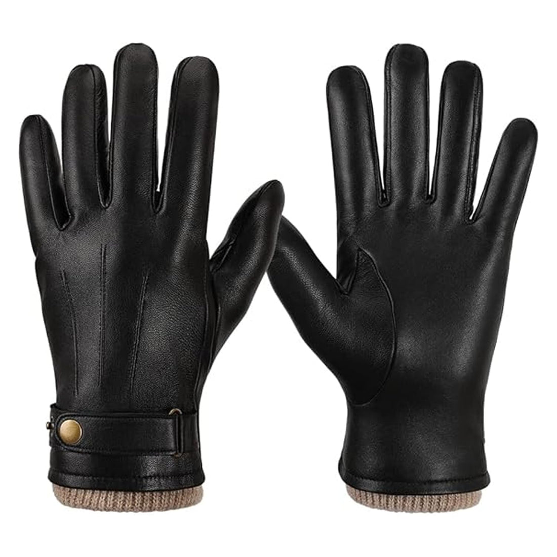 Winter Leather Gloves for Men, Touchscreen Snap Closure Cycling Black Gloves Outdoor Riding Warm Waterproof Gloves（L）