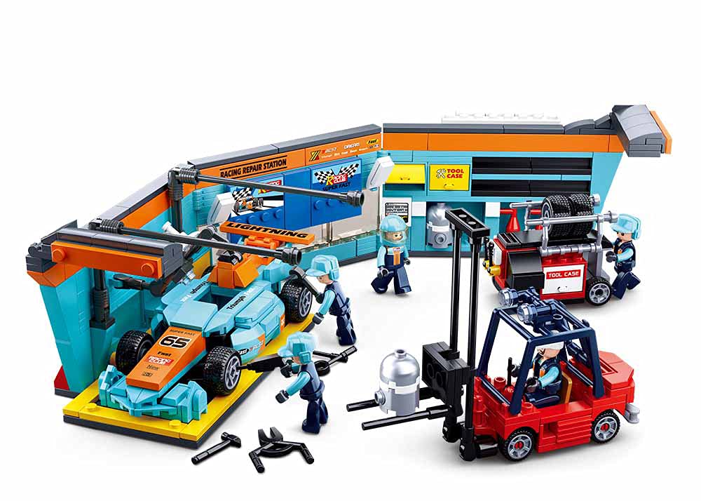 Sluban Klemmbausteine SL95625 Racing Workshop (543 Pieces) [M38-B0765] Play Set Clamp Building Blocks Racing Car with Toy Figure Car Club Colourful