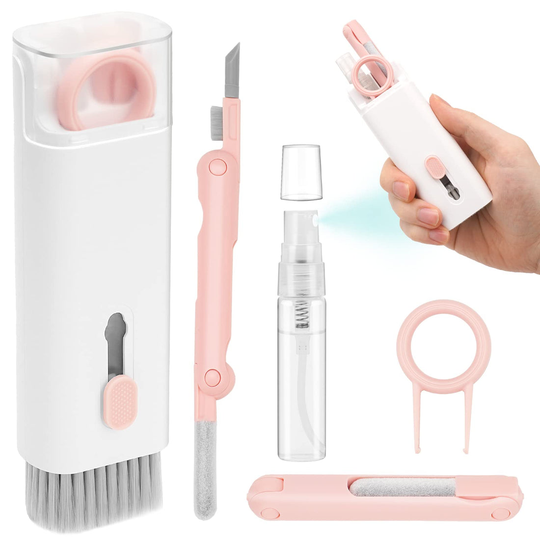 MMH 7 in 1 Airpod Pro Cleaner Kit with Spray, Multi-Function Electronic Keyboard MacBook Laptop Screen Earbud Cleaner Kit Tool with Cleaning Pen Brush for iPod,Phone,Tablet,PC,Computer,Headphone Pink