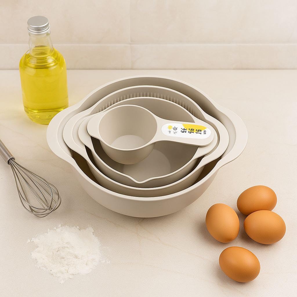 4 Piece Multipurpose Kitchen Prep Set Includes Large Mixing Bowl Strainer Colander Medium Bowl and Measuring Cup Space Saving Food Preparation Kit
