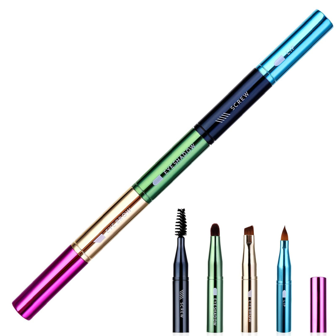 Makeup Brush Stick - Set 4 IN 1, Eyebrow & Eye Shadow & Screw & Lip, Multi Purpose Travel Cosmetic Tool, Soft Synthetic Bristles, Lightweight & Durable