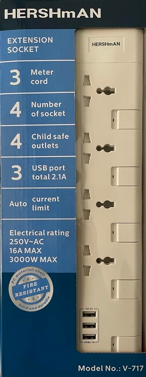 Hershman High Watt Heavy Duty Extension Socket for House Appliances, 4 sockets, 3 USB slots, up to 16A