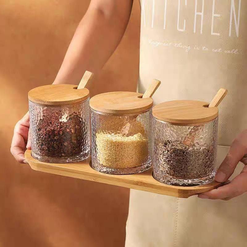 3-piece engraved glass jar set with holder and wooden spice spoons,Jar capacity: 300 ml
