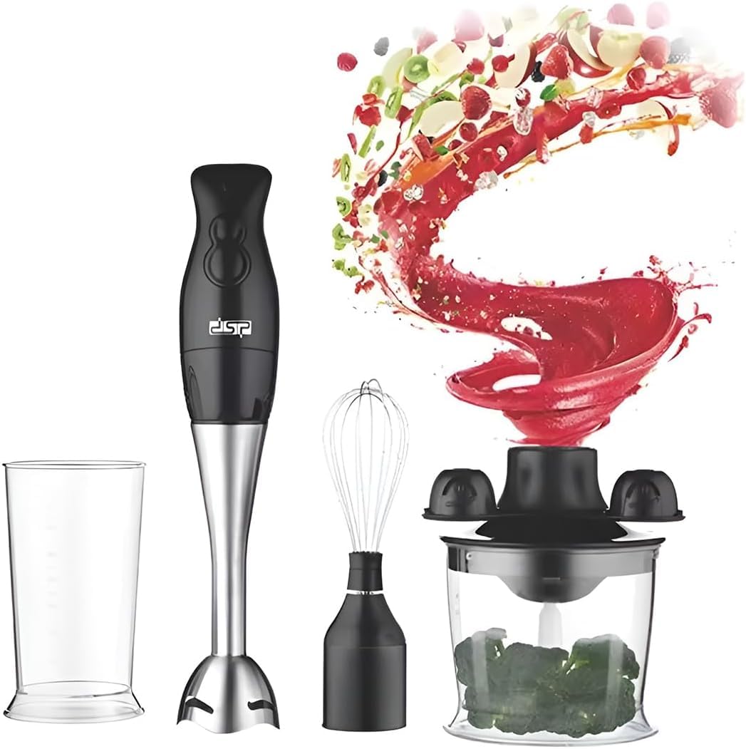 dsp Hand Blender 4-in-1, 200W Full Copper Motor | Soft Touch Switch, Two-Speed Operation, Stainless Steel Blades | 500ml Chopper & 700ml Whisk Included, KM1004 (Black)