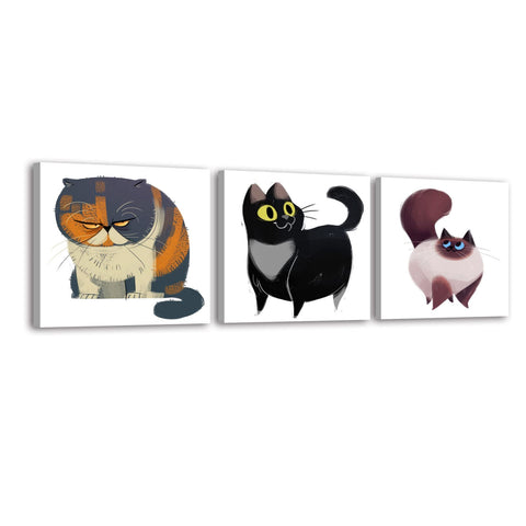 Piy Painting Caricature Cat Canvas Picture Cats Meaning Happiness, Funny Cat Pictures on Canvas, Animal Painting Modern Abstract Wall Decoration for Living Room Office Bathroom Bar 30 x 30 cm 3 Pieces