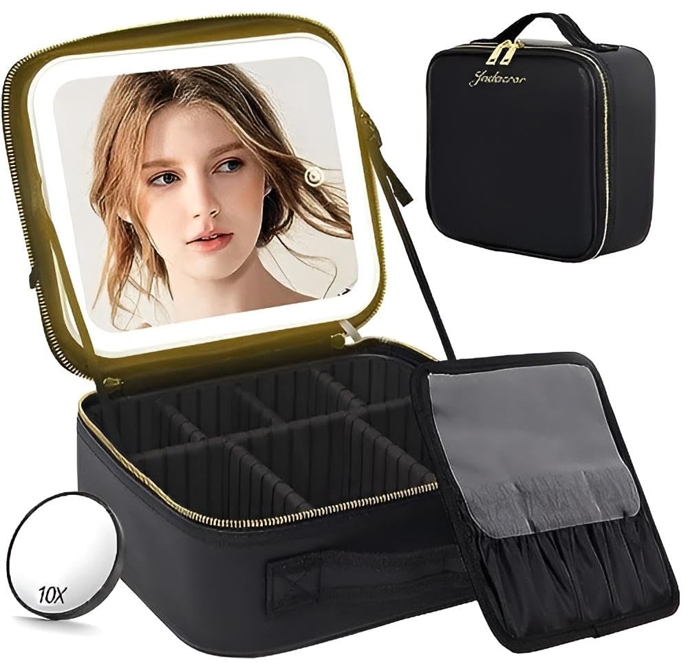 Beauty Case - Portable Makeup Storage Bag with Adjustable Dividers, Built-In Mirror, and 3 Light Settings for Organized Beauty Tools and Accessories