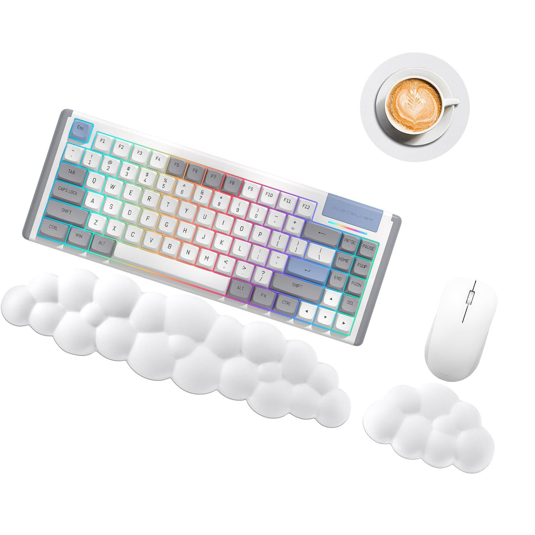 Cloud Keyboard Wrist Rest, Cute Keyboard Rest with Palm Rest and Coaster, Soft PU Leather Memory Foam Ergonomic Keyboard Rest for Wrist Support and Arm Rest for PC/Gaming/Typing/Computer-White