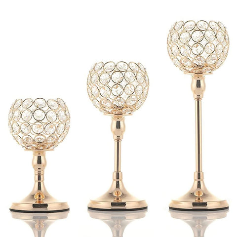 Vincidern 3Pcs Gold Crystal Candle Holders Candlestick Holder for Dining Room Table Decor, Tealight Candle Holders for Christmas Candle Holder Centerpieces, Home Decor (7.48 in,9.44 in,11.41inTall)
