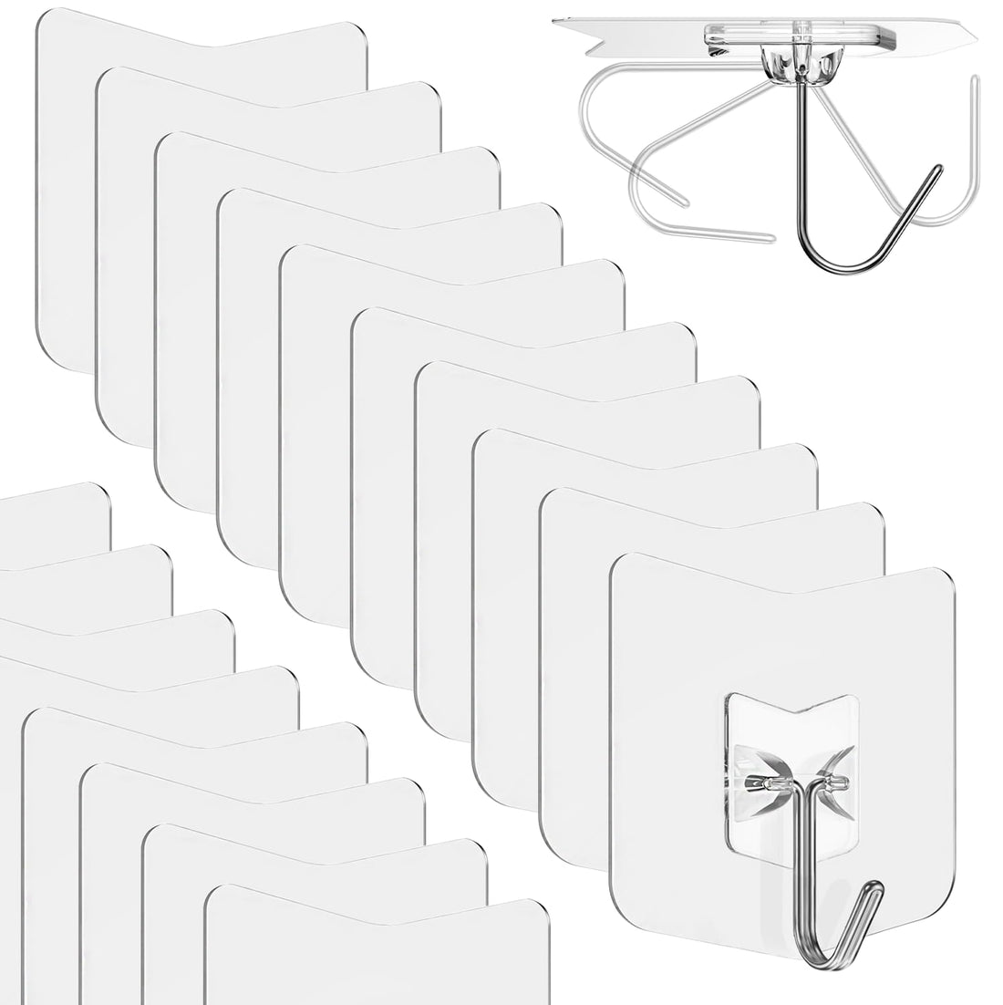 Nano Adhesive Hooks for Hanging 18 Pack, 22 lbs Heavy Duty Wall Hooks 304 Stainless Steel Self Adhesive Towel Hook Waterproof Transparent Sticky Hooks for Kitchen Glass Door (18)
