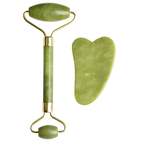 Skincare Roller - Handcrafted jade stone massager combined with Gua Sha sculpting tool to amplify hydration, reduce stress, contour angles, improve blood flow and nurture soft glowing skin