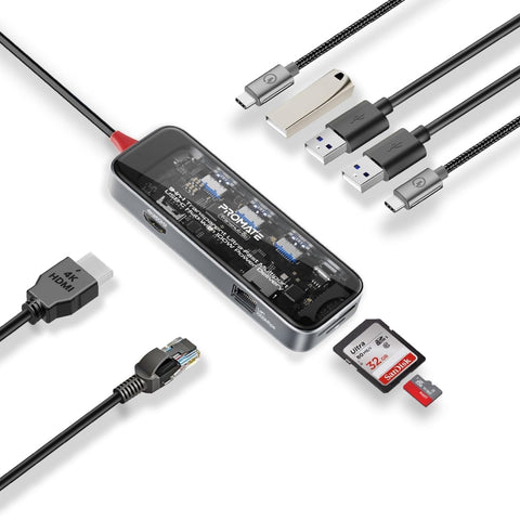 Promate USB-C™ Hub, 9-in-1 Premium Multi-Display Media Hub with Prime 4K@60Hz HDMI, 1000Mbps High-Speed LAN, SD/TF Card Slot, Dual USB-A 5Gbps Ports, 100W USB-C™ Power Delivery, TransHub-Go