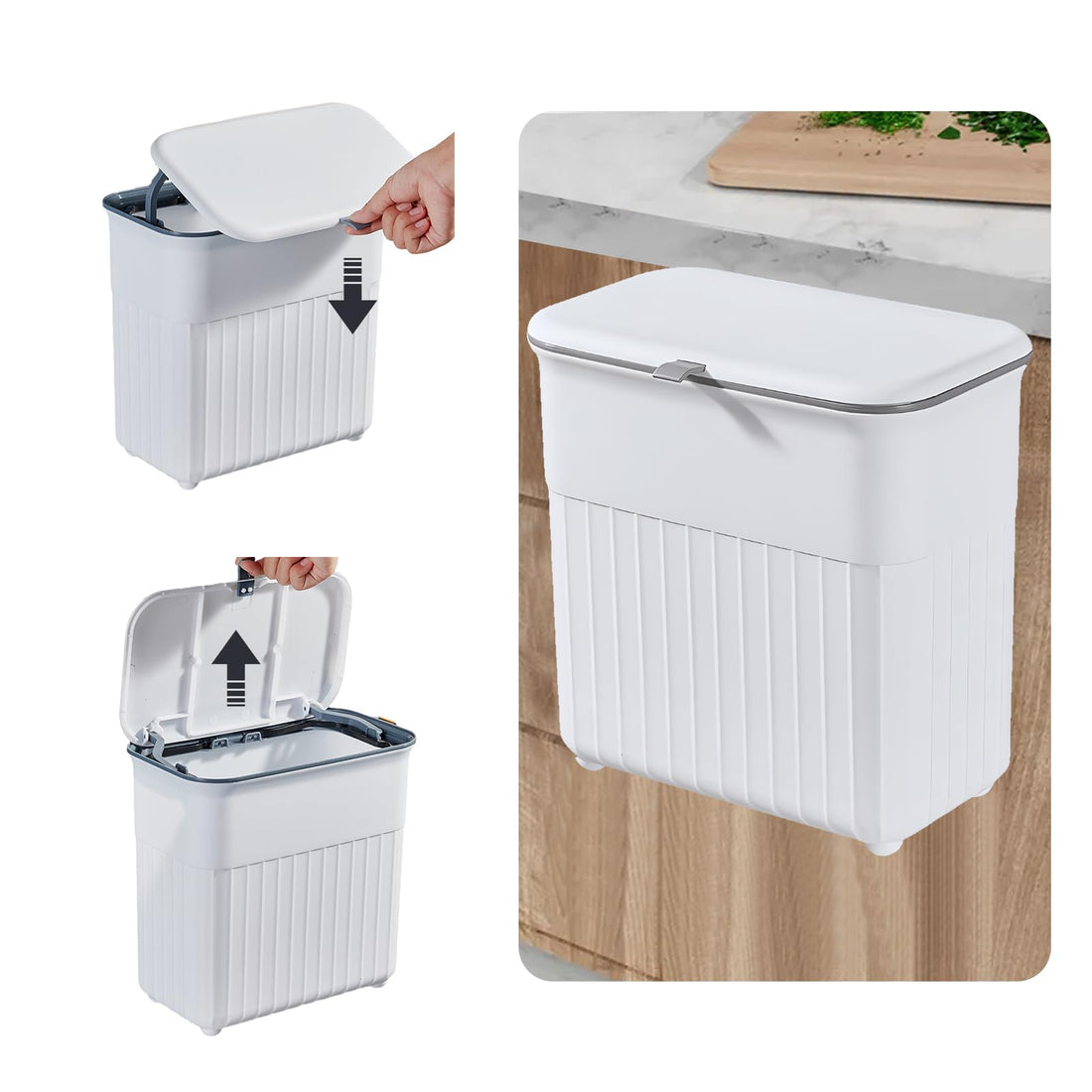 Hanging Trash Can with Lid, 9 L Kitchen Compost Bin Hanging Counter Waste Basket, Kitchen Bathroom Wall Mounted Trash for Counter Top or Under Sink trash can, Mountable Indoor Compost Bucket (White)