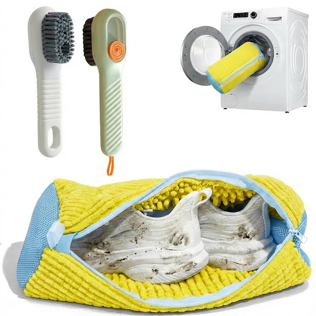 Shoe Wash Bag 360° Deep Clean and Fully Protect Shoes and Washing Machine from Scratching, Damage and Reusable - Shoe Cleaning Bag with Hidden Zipper Large Size Fits All Shoes (Yellow+Cleaning Brush)