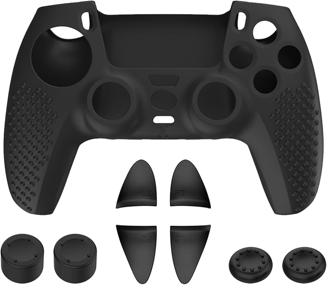 GQ PS5 Controller Skin, Anti-Slip Soft Silicone Protective Cover Case for PlayStation 5 DualSense Wireless Controller, 1Pack with 4 Thumb Grip Caps and L2R2 Trigger Extenders (Black)