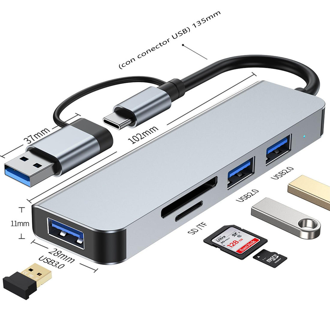 USB C HUB, 5 in 1 USB C Adapter, USB 3.0, 2*USB 2.0, SD/TF Card Reader, for MacBook, MacBook Pro, Macbook Air, DELL, Surface and More Type-C Devices (01HUB-5)