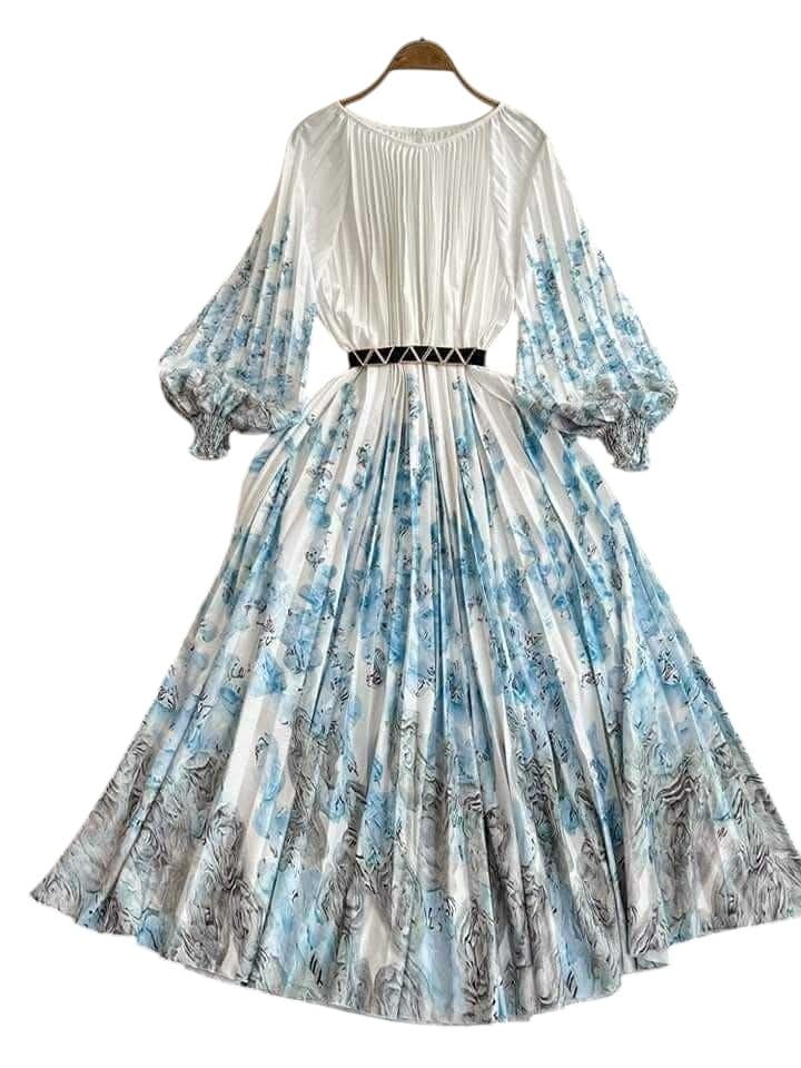 Women's Blissé Floral Print Dress, White & Blue, Puff Sleeves, Decorative Belt, Free Size
