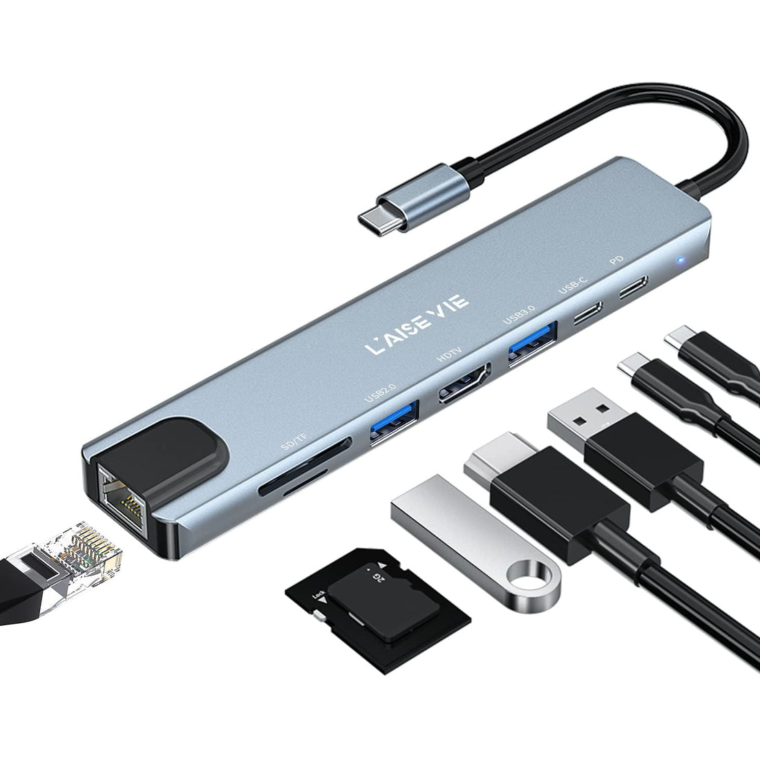 8-in-1 USB-C Hub - USB 3.0 & 2.0, PD Charging, HDMI, TF & SD Ports