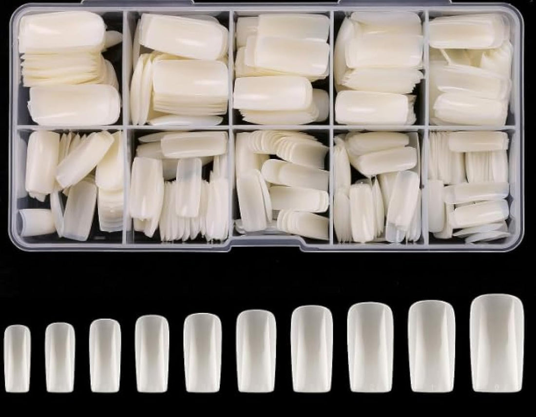 500 Pcs False Nail Tips with Storage Case-Full Cover Coffin Nails in 10 Sizes for Nail Salons and DIY Nail Art-Long Lasting and Durable Artificial Fingernails for Glamorous Looks(Natural)